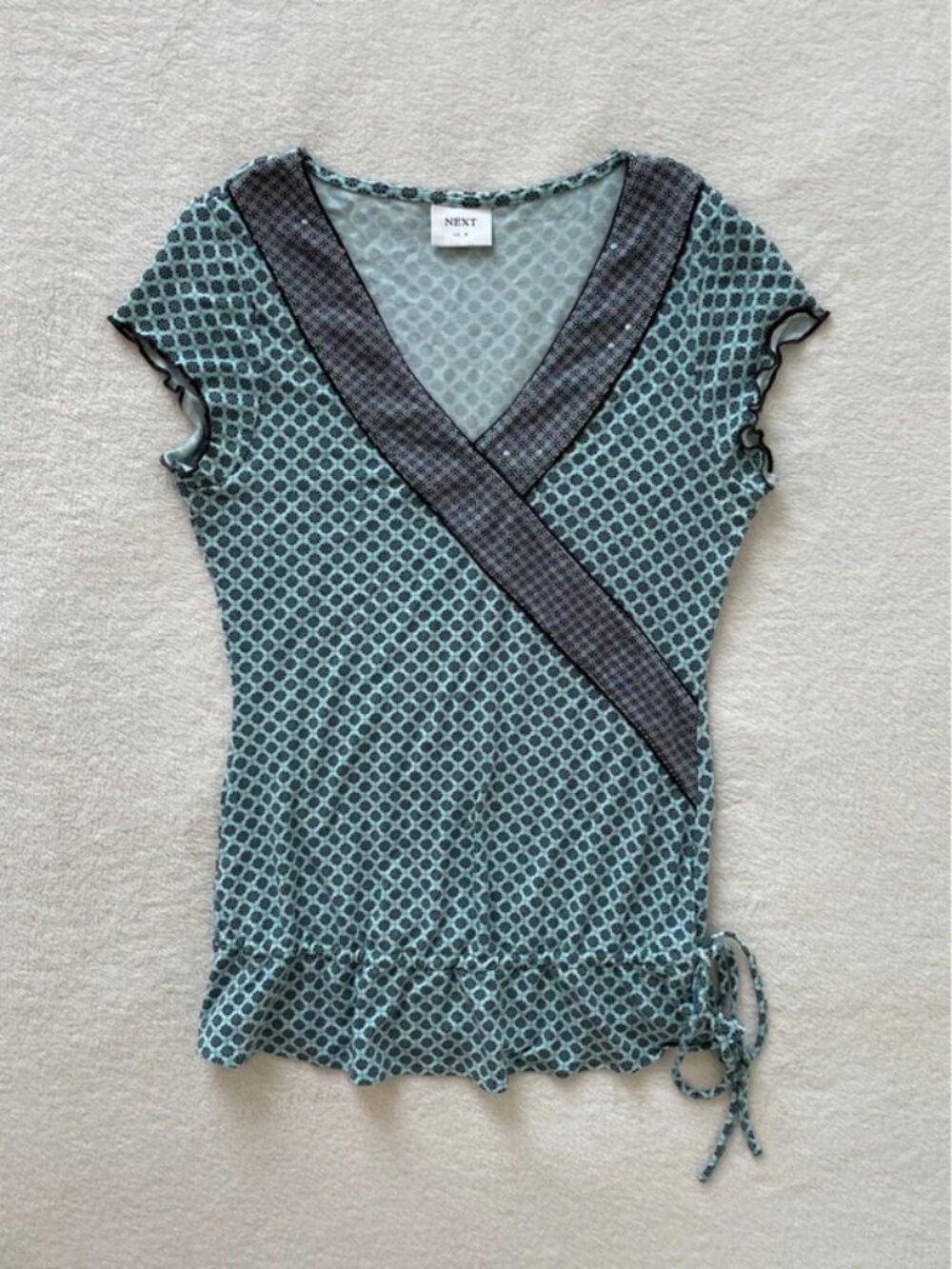 Vintage Y2K Turquoise Next V-Neck Sequin Patterned Short Sleeve Top Size 8